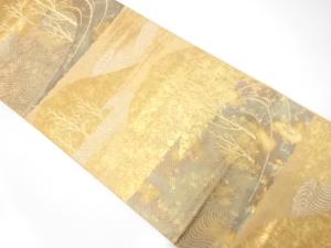 引箔　遠山に木立ち・流水模様織り出し　袋帯